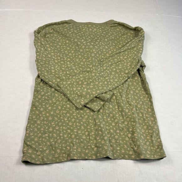 Chaps Henley Ruffle Shirt Green Floral Boho Cottagecore Casual Preppy Top L FLAW - Picture 7 of 9